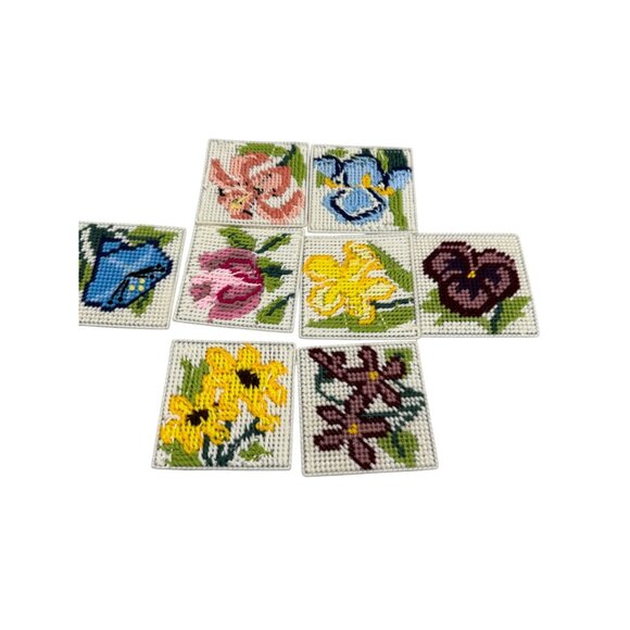 Handmade Floral Needlepoint Coasters Set Of 7 - Colorful Cross-Stitch Design On - Picture 1 of 16